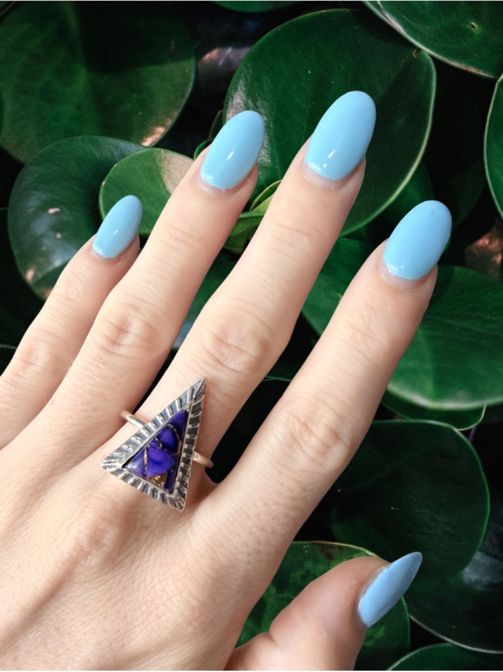 Turquoise Purple Dahlia Triangle Ring Size 9 | 925 Sterling Silver Festival New